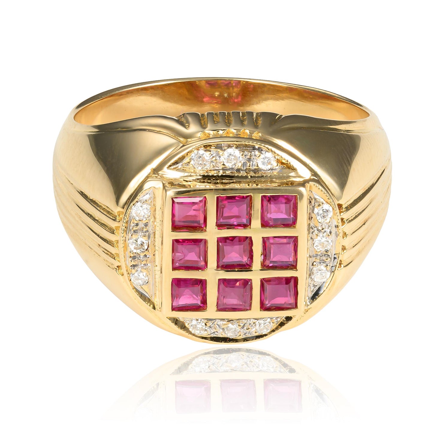 Art Deco Heavy Unisex Diamond Accented Ruby Signet Ring in 18K Yellow Gold