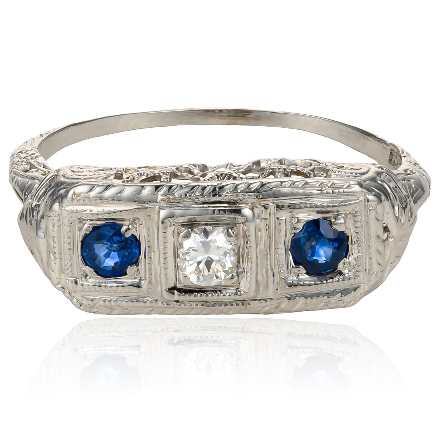 Art Deco Sapphire & Diamond Filigree Trilogy Ring in 14K White Gold