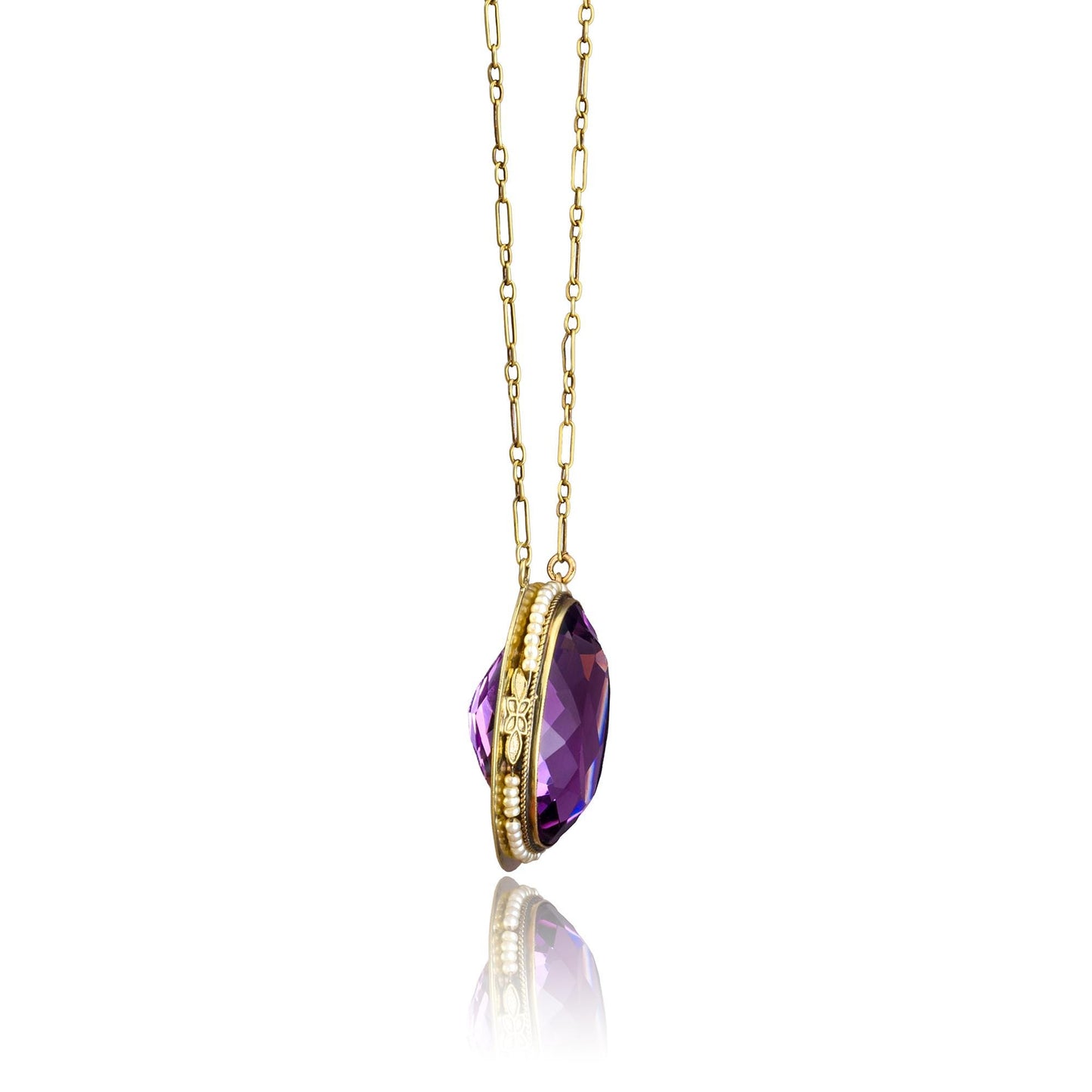 Victorian Amethyst & Seed Pearl Necklace in 14K Yellow Gold