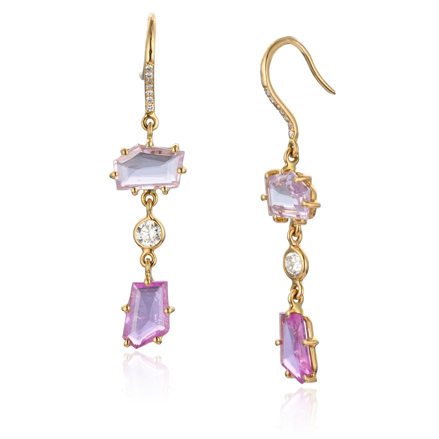 Freeform Pink Sapphire & Diamond Earrings in 18K Yellow Gold