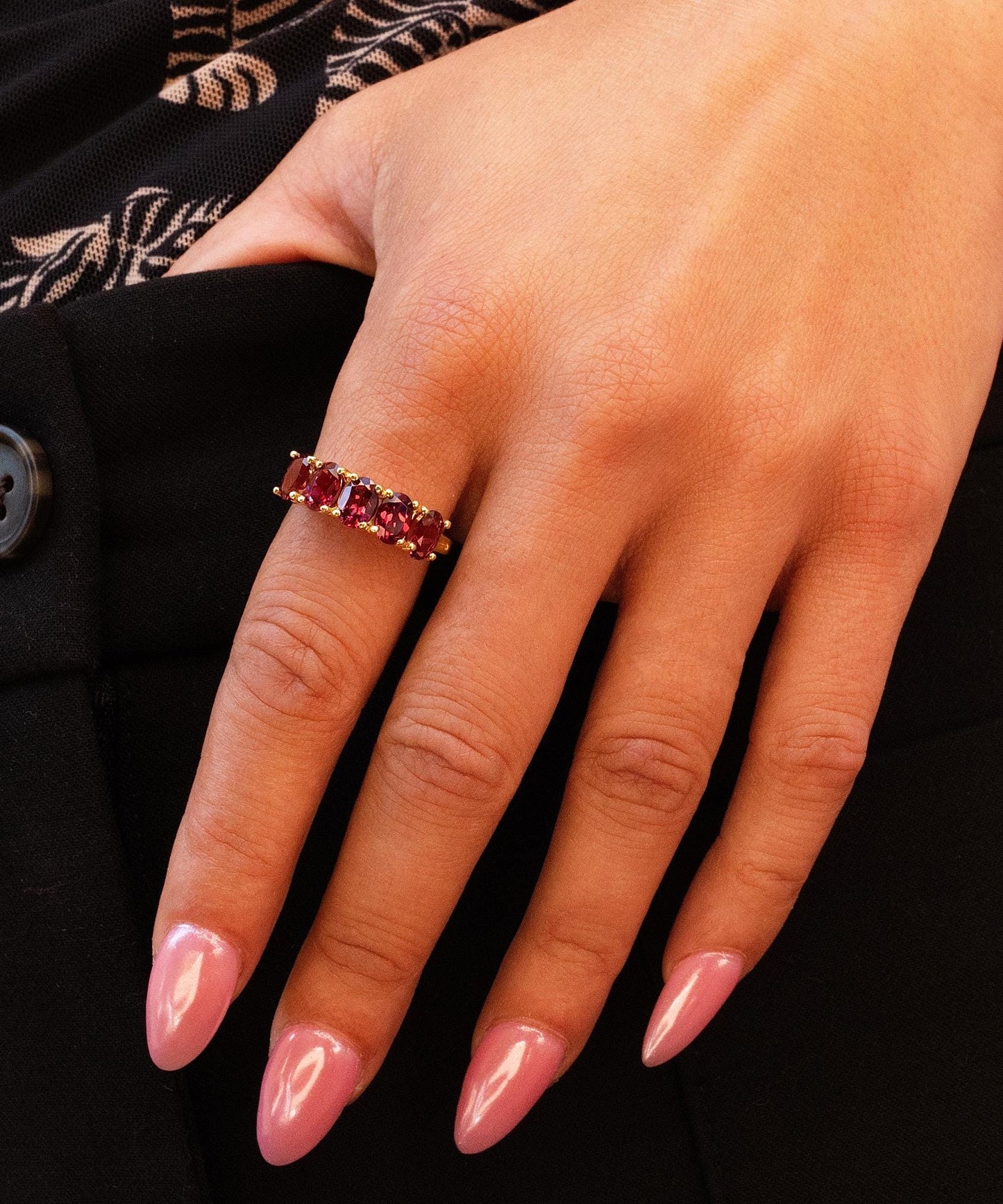 Rhodolite Garnet Five Stone Band in 14K Yellow Gold