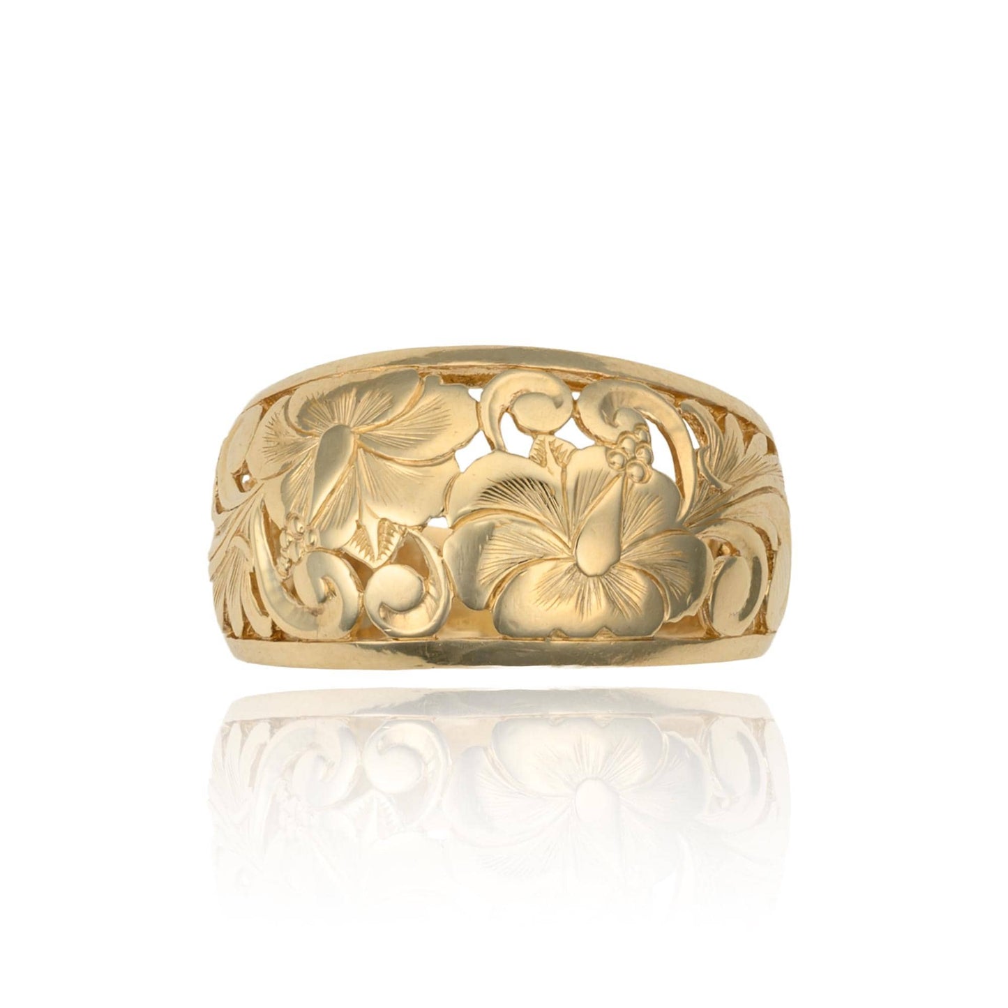 Hawaiian Hibiscus Domed Band Ring in 14K Yellow Gold
