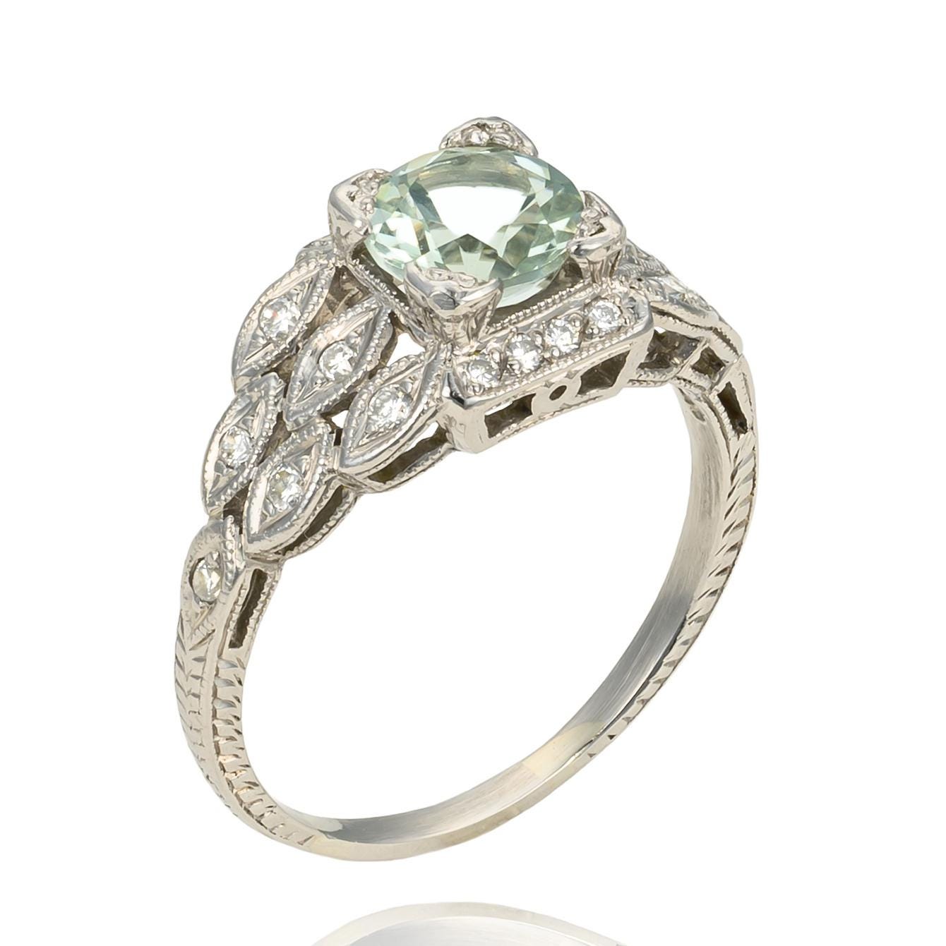 VINTAGE Green Amethyst Diamond Ring in Platinum