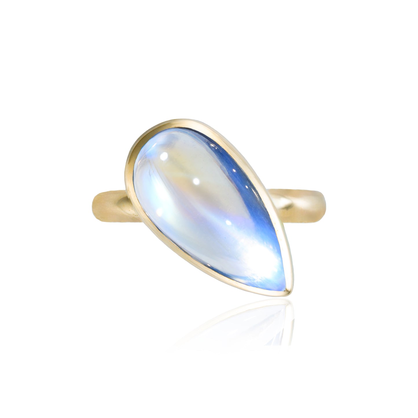 Offset Pear Rainbow Moonstone Bezel Ring in 18K Yellow Gold