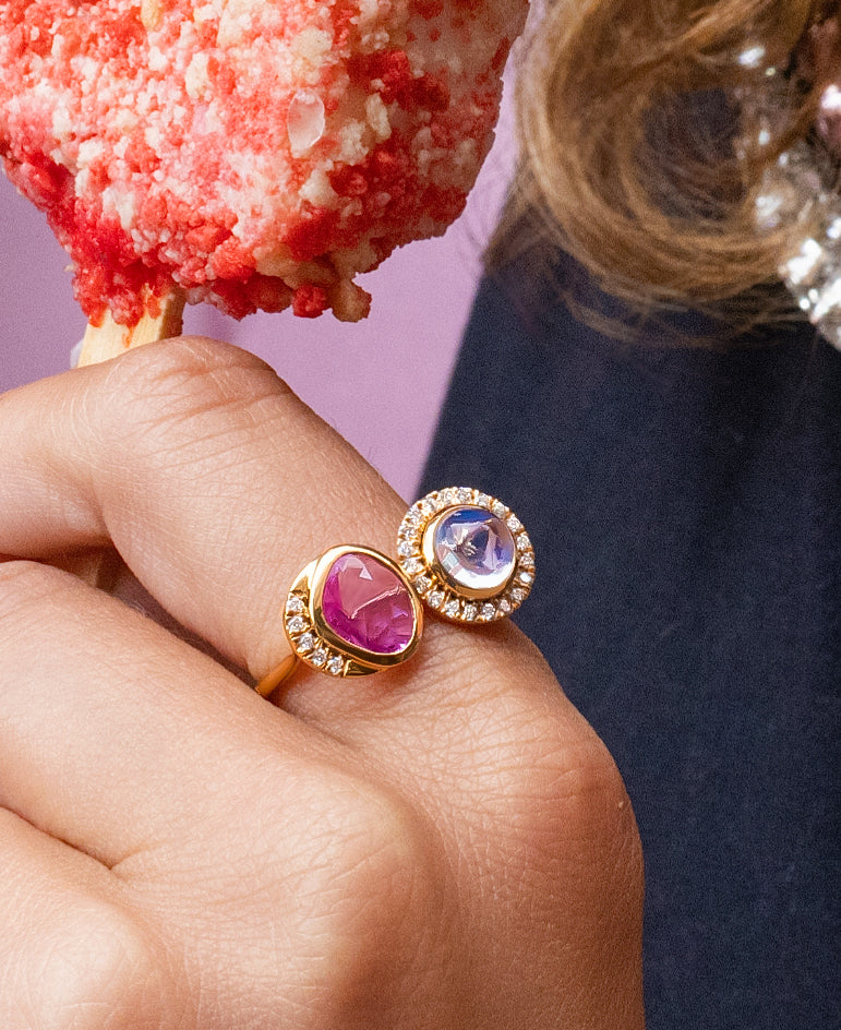 Pink Sapphire & Rainbow Moonstone with Diamond Accents Toi et Moi Ring in 18K Gold