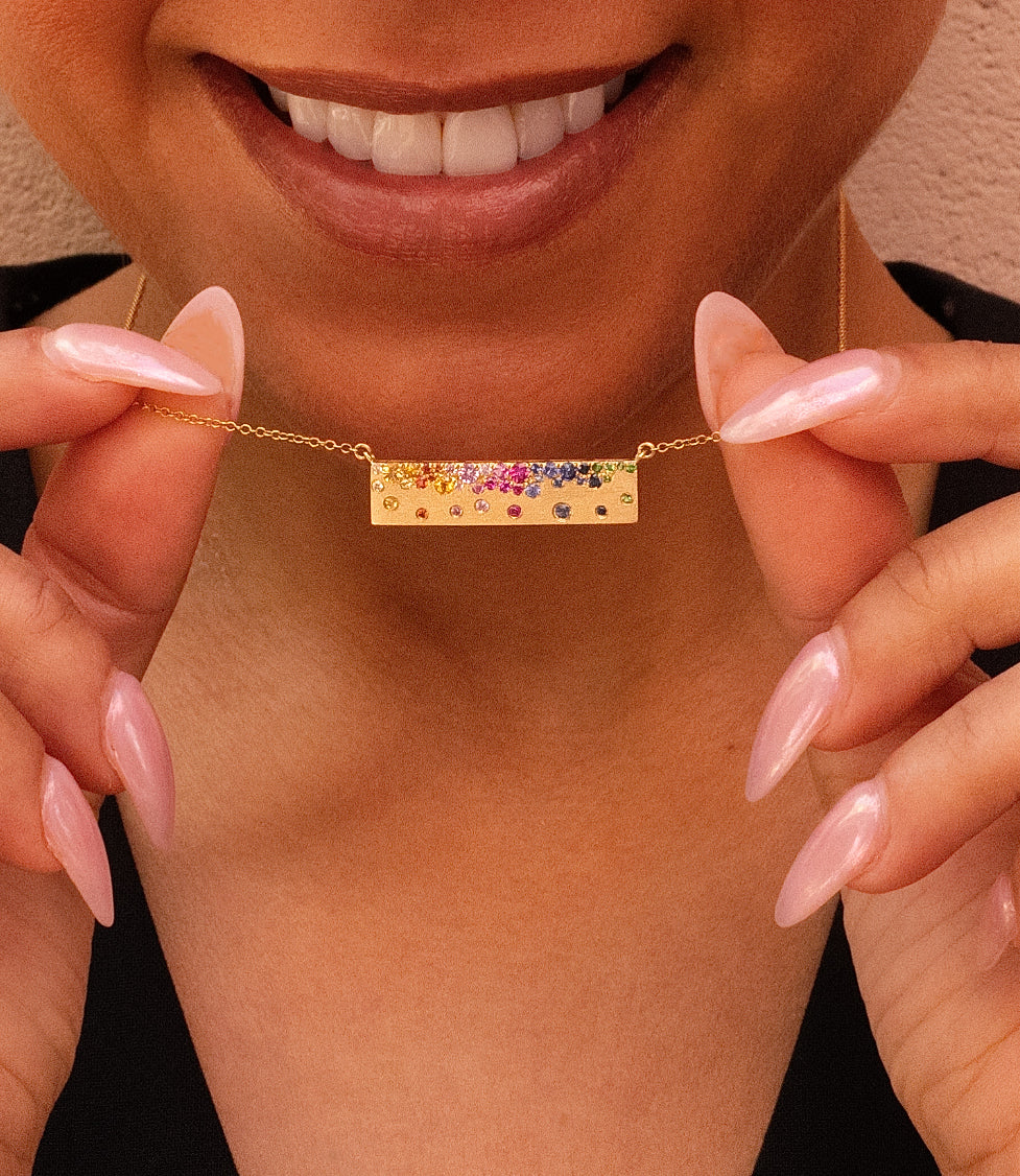 Scattered Rainbow Sapphire Bar Necklace in 14K Yellow Gold