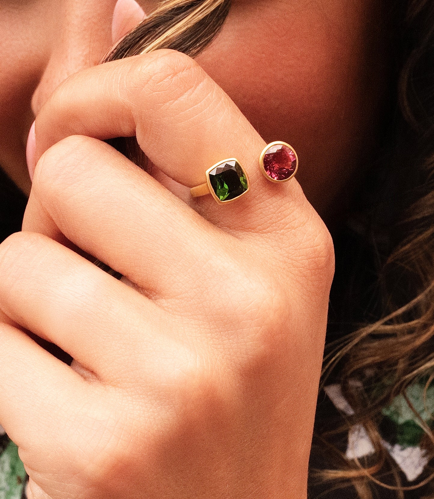Green & Pink Tourmaline Toi et Moi Ring in 18K Yellow Gold
