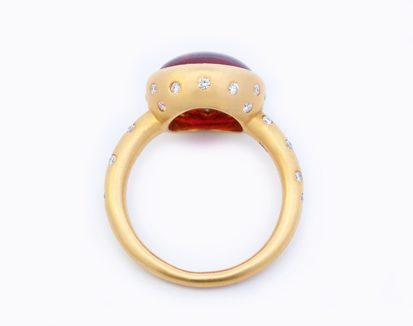Tourmaline Cabochon with Gypsy Set Scattered Diamond Accented Ring in 18K Yellow Gold