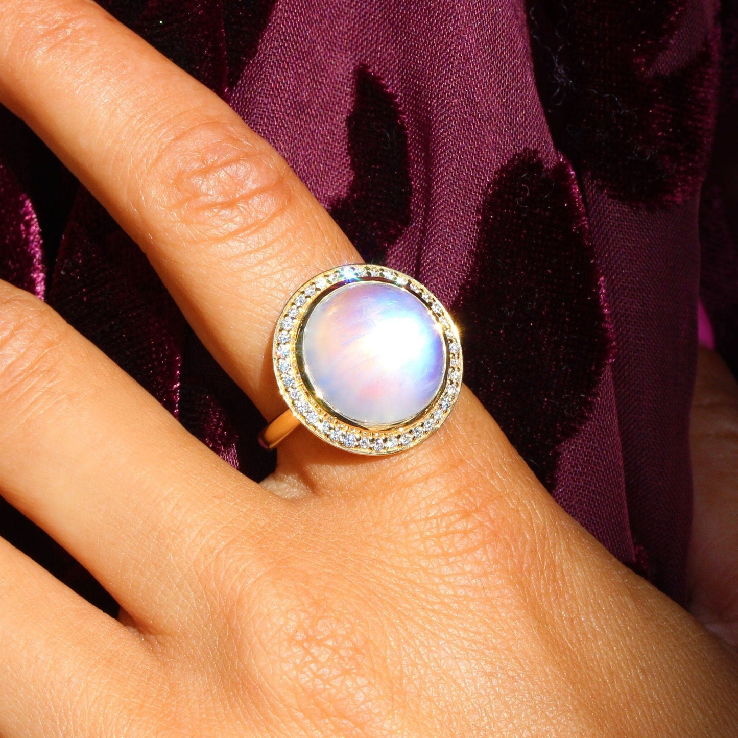 Rainbow Moonstone "Crystal Ball" & Diamond Bezel Statement Ring in 18K Yellow Gold