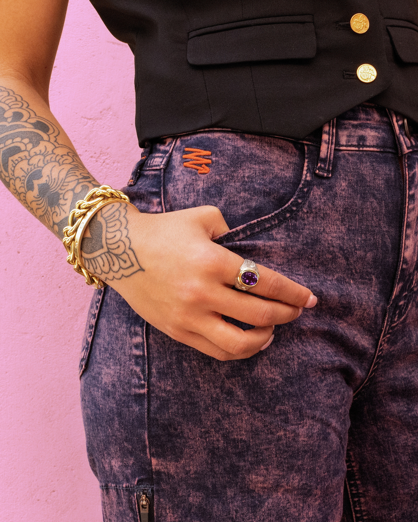 Heavy Amethyst & Diamond Signet Ring in 14K Gold