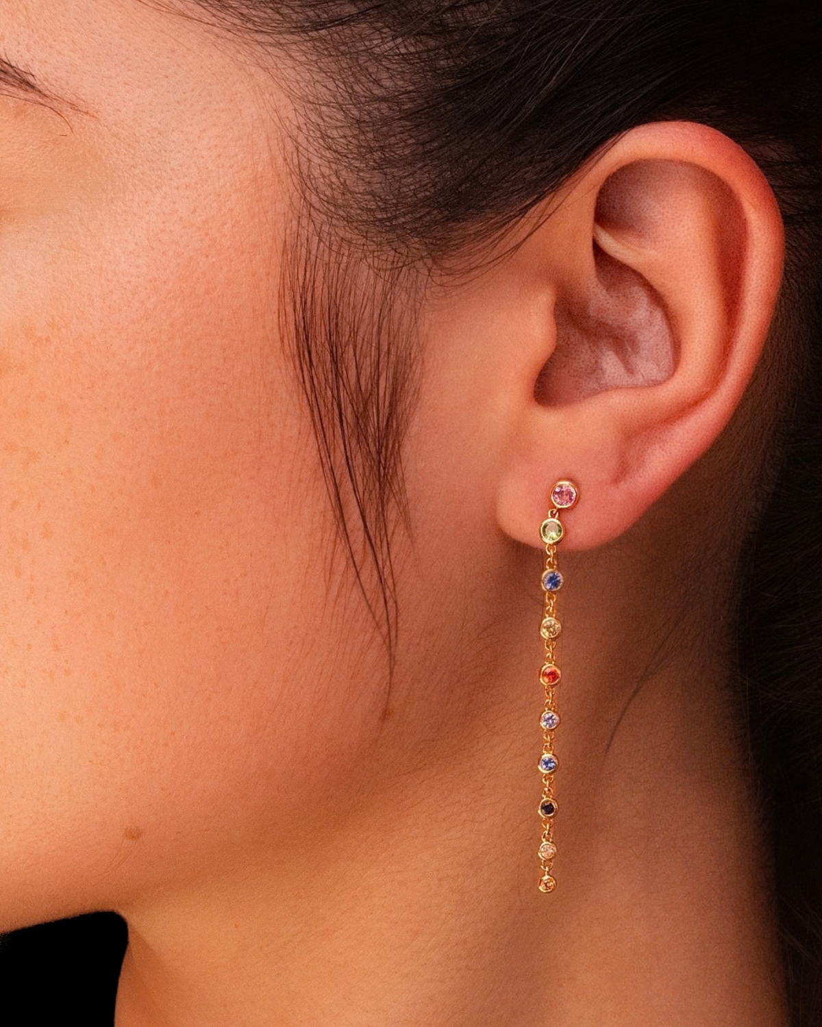 Rainbow Sapphire Bezel Long Drop Earrings in 14K Yellow Gold