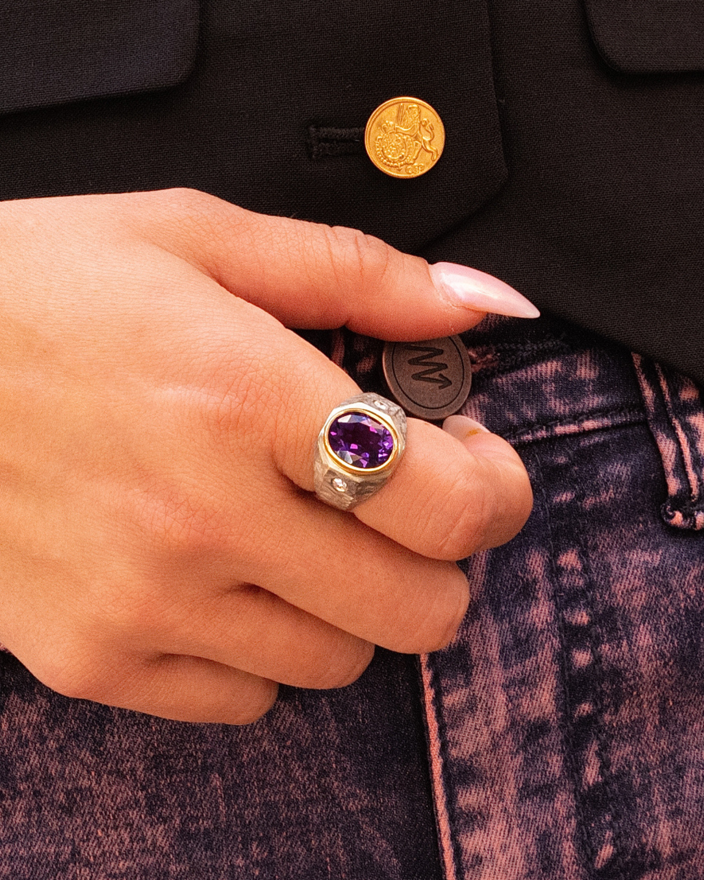 Heavy Amethyst & Diamond Signet Ring in 14K Gold