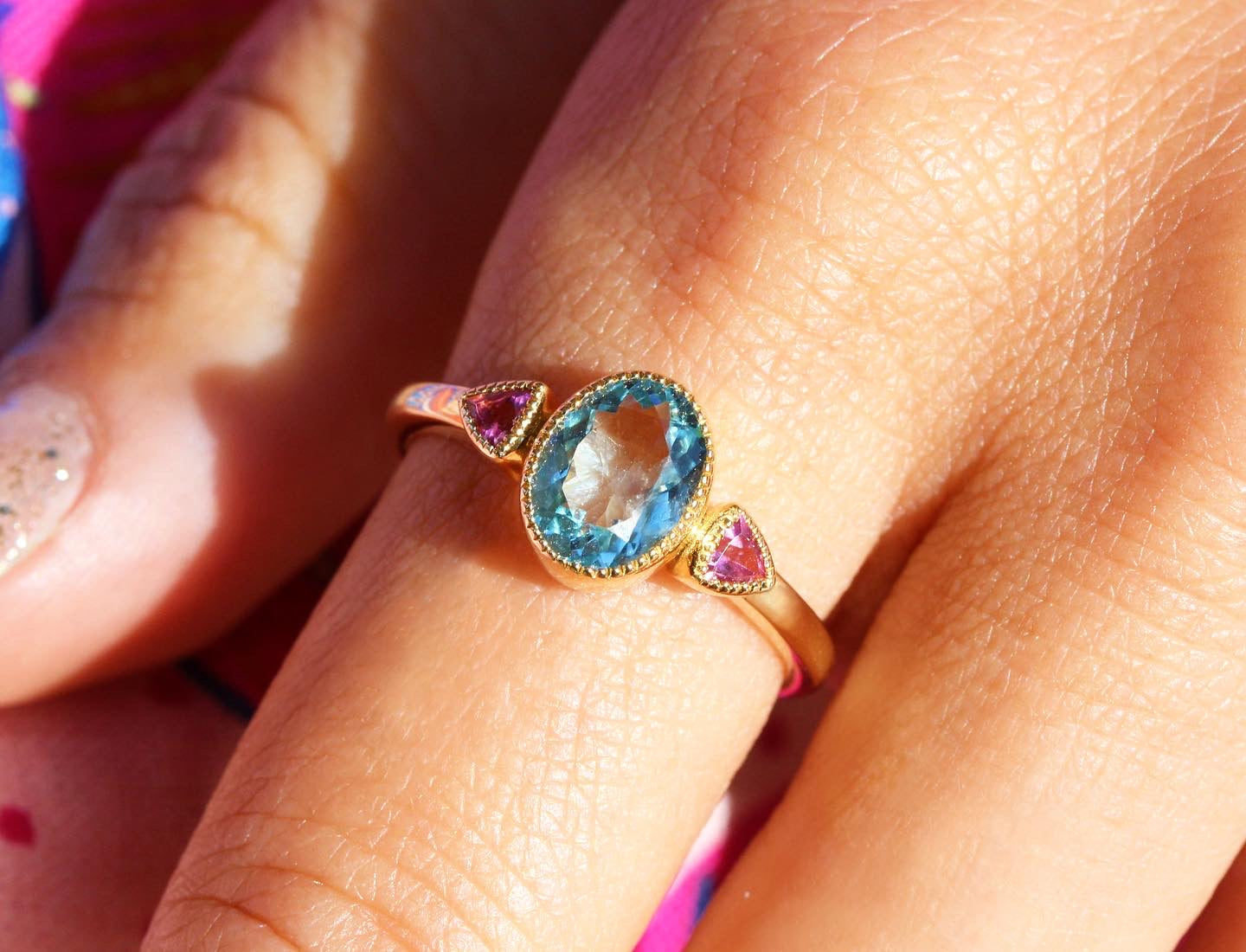 Aquamarine & Pink Tourmaline Milgrain Bezel Ring in 14K Yellow Gold