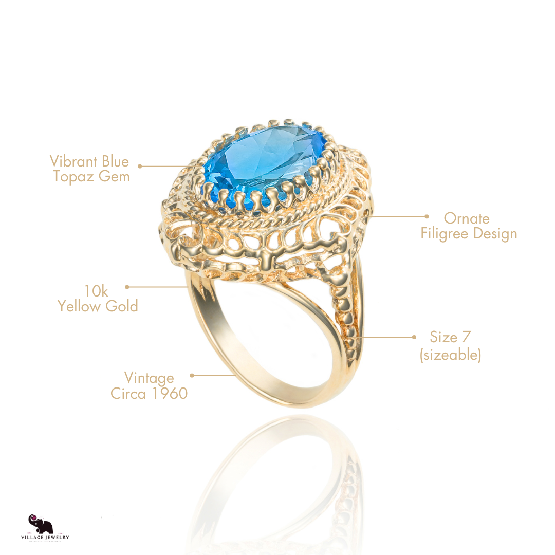 Blue Topaz Ornate Filigree Cocktail Ring in 10K Yellow Gold