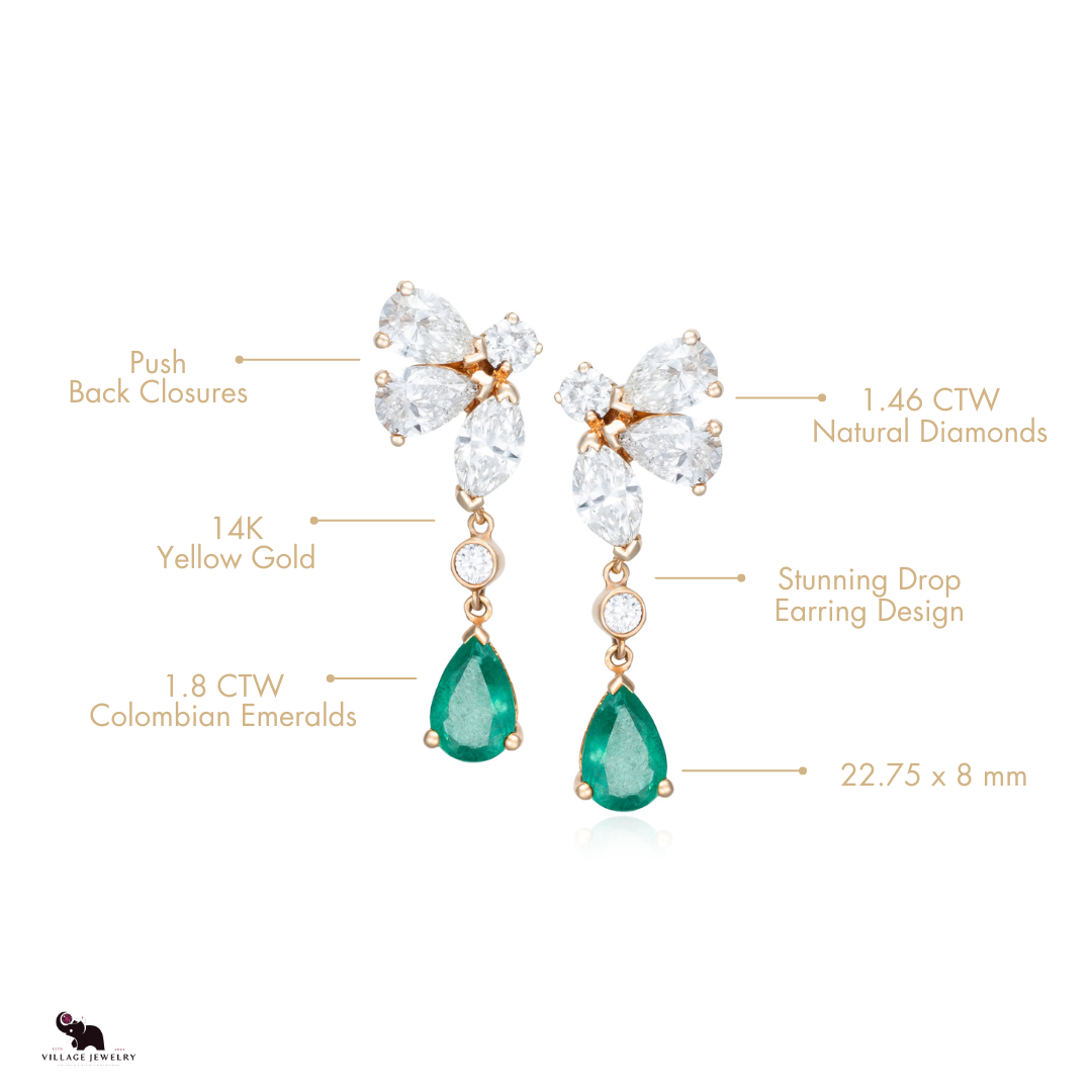 Colombian Emerald & Diamond Drop Earrings in 14K Yellow Gold