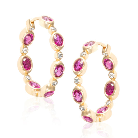 Ruby & Diamond Bezel Set Inside Outside Hoop Earrings in 18K Yellow Gold