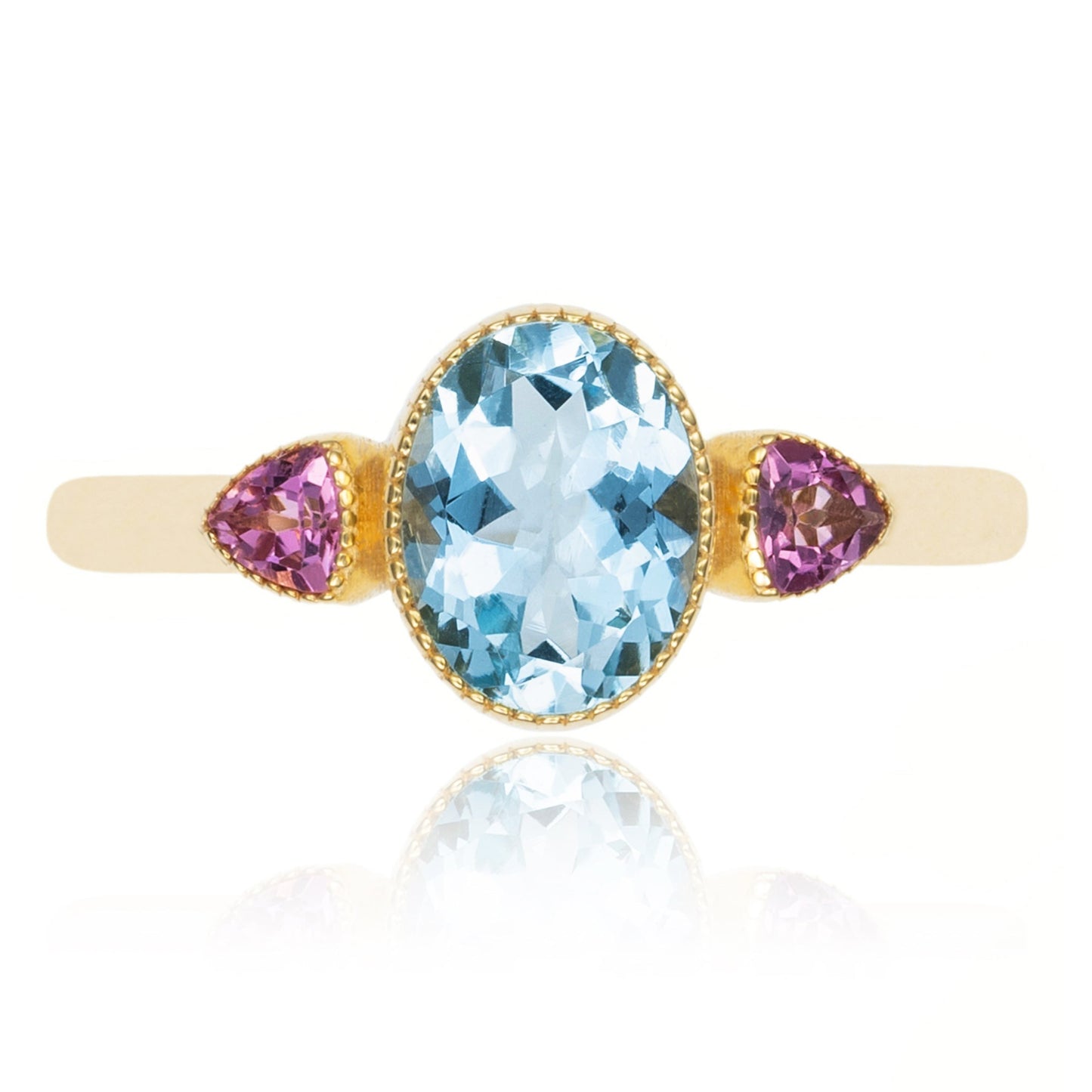 Aquamarine & Pink Tourmaline Milgrain Bezel Ring in 14K Yellow Gold