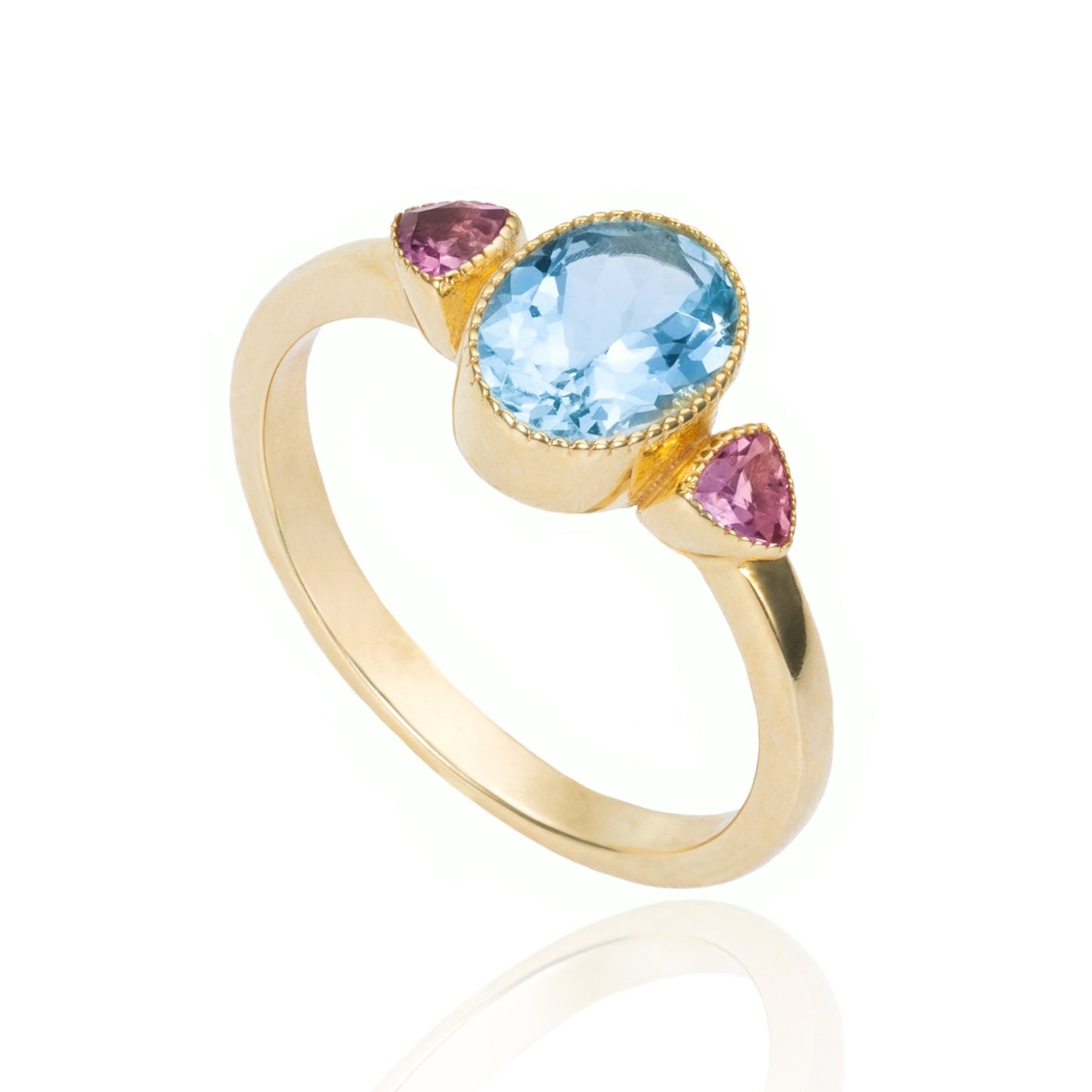 Aquamarine & Pink Tourmaline Milgrain Bezel Ring in 14K Yellow Gold