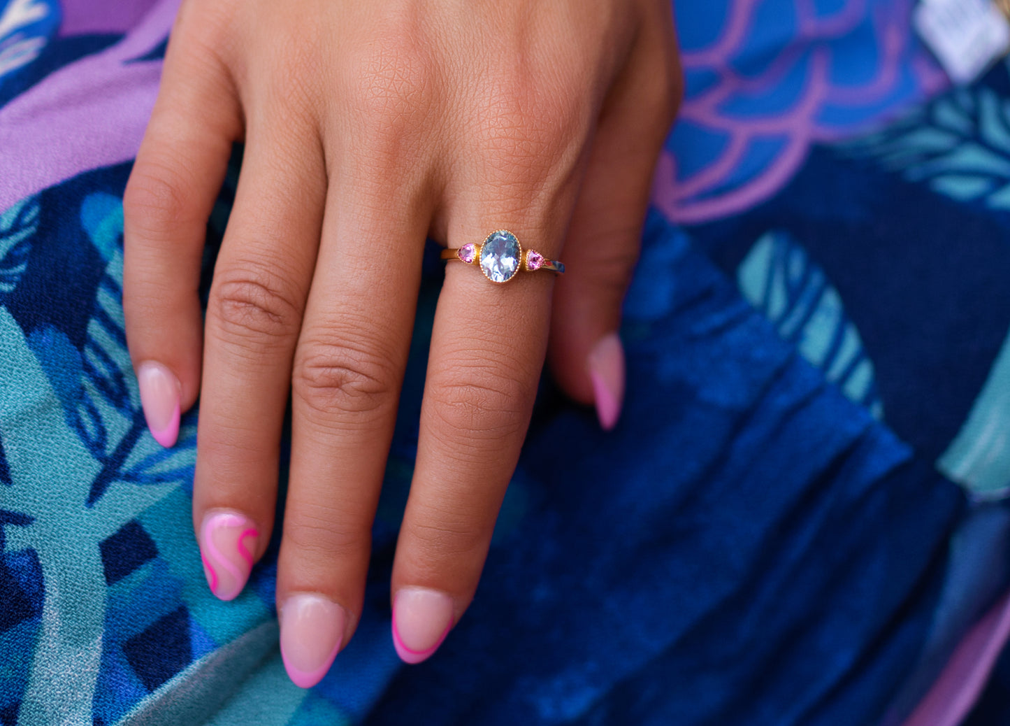 Aquamarine & Pink Tourmaline Milgrain Bezel Ring in 14K Yellow Gold