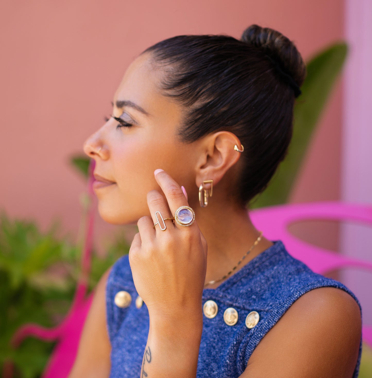 Rainbow Moonstone "Crystal Ball" & Diamond Bezel Statement Ring in 18K Yellow Gold