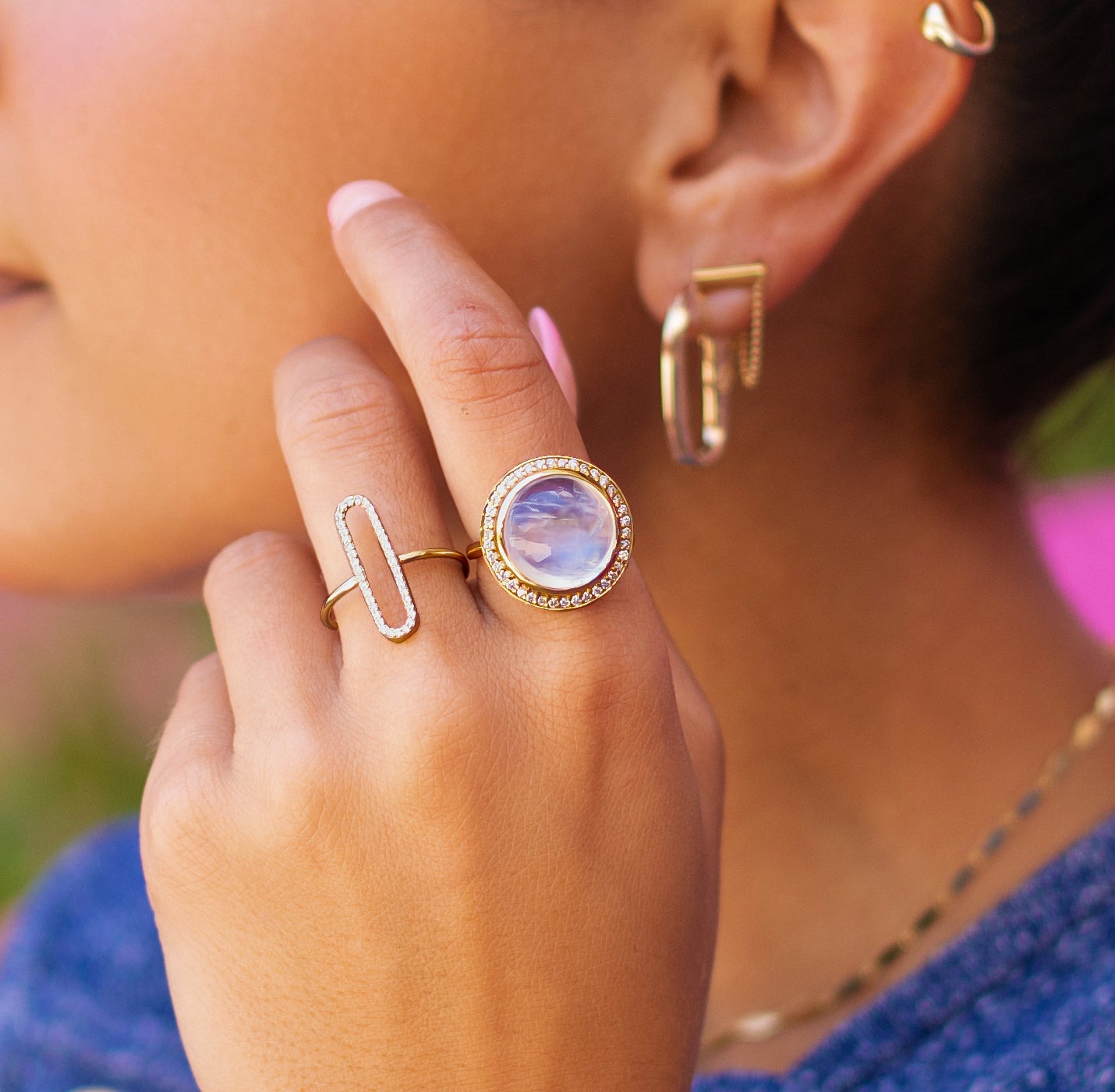 Rainbow Moonstone "Crystal Ball" & Diamond Bezel Statement Ring in 18K Yellow Gold