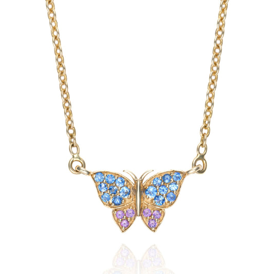 Butterfly Necklace with Blue Sapphire & Amethyst in 14K Yellow Gold