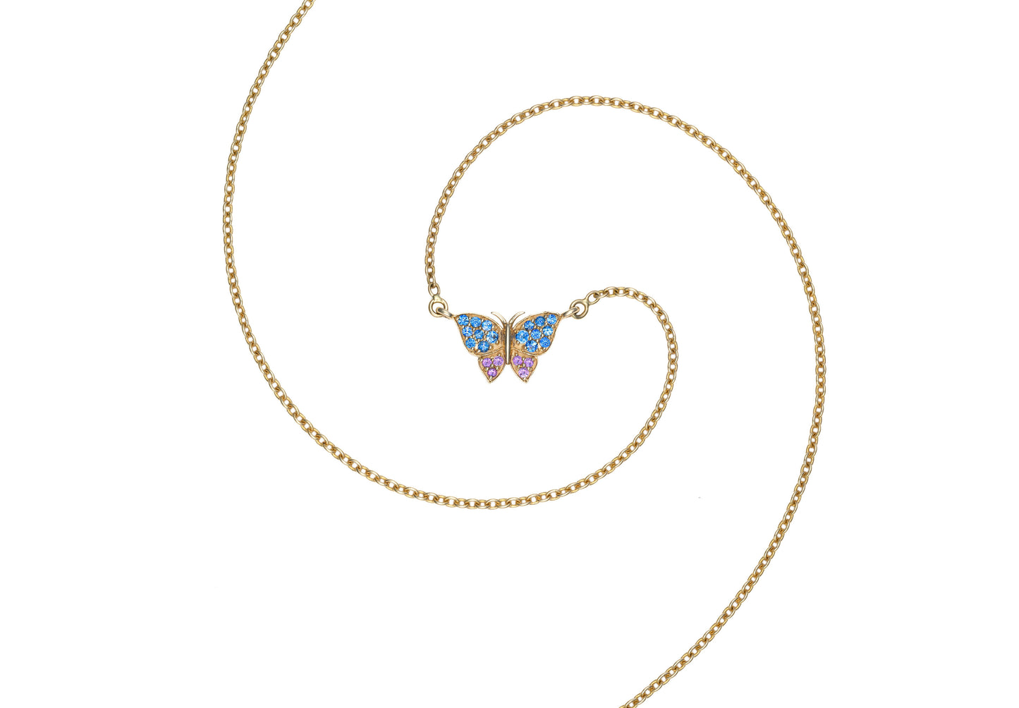 Butterfly Necklace with Blue Sapphire & Amethyst in 14K Yellow Gold