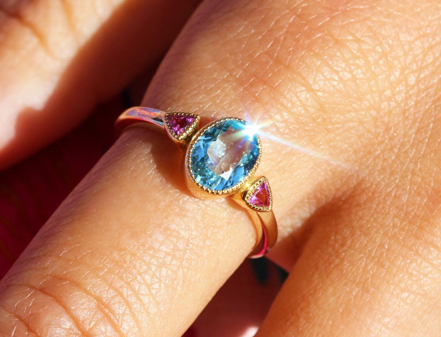 Aquamarine & Pink Tourmaline Milgrain Bezel Ring in 14K Yellow Gold