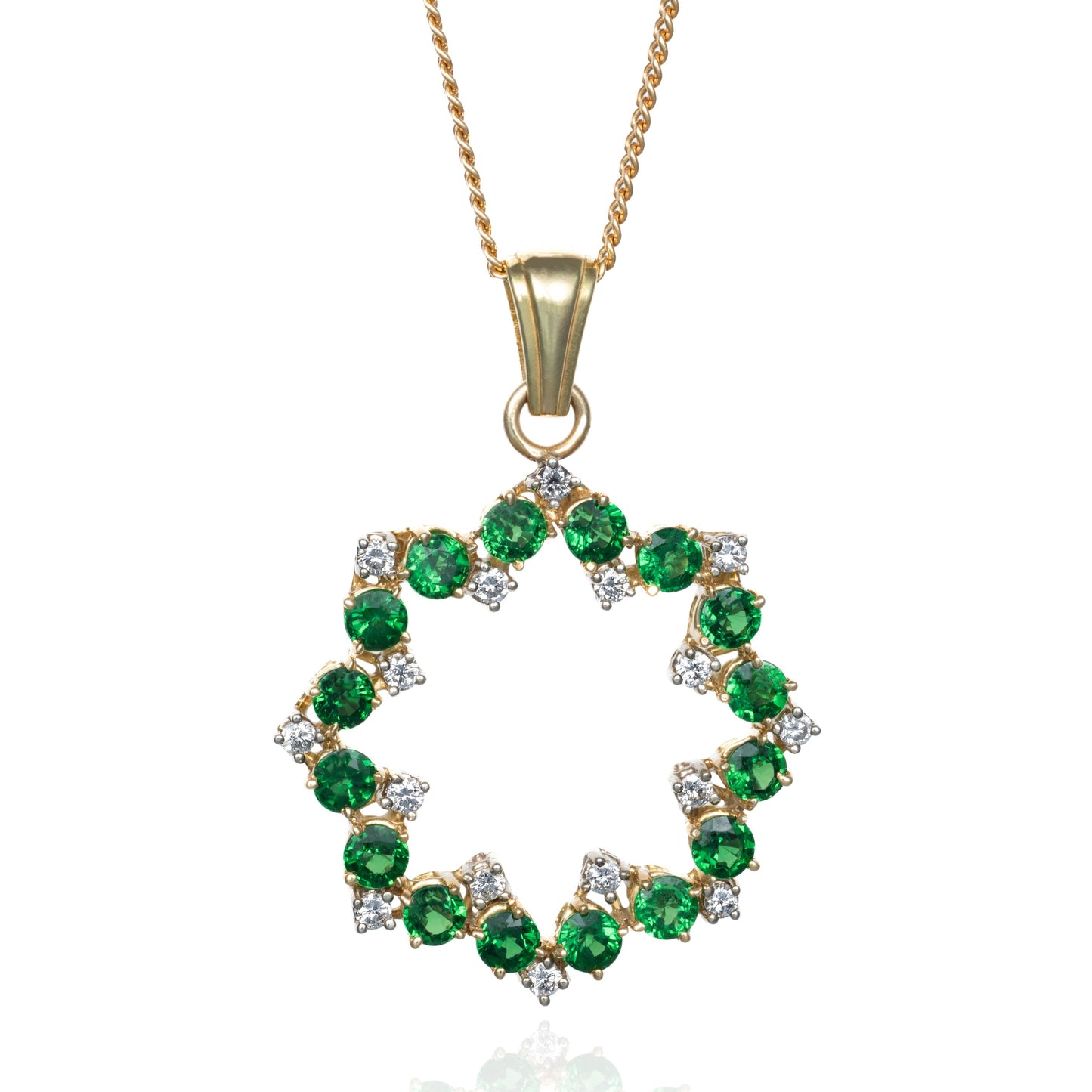 Emerald & Diamond Starburst Pendant in 18K Yellow Gold