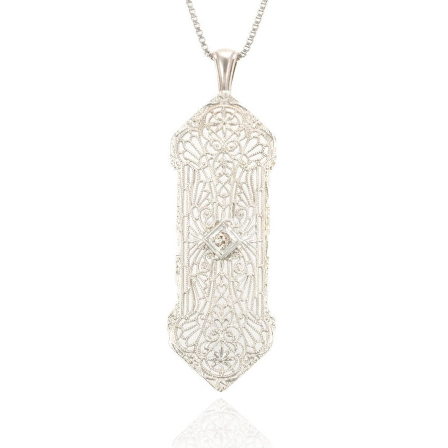 Art Deco Filigree Diamond Accented Pendant in 14K White Gold