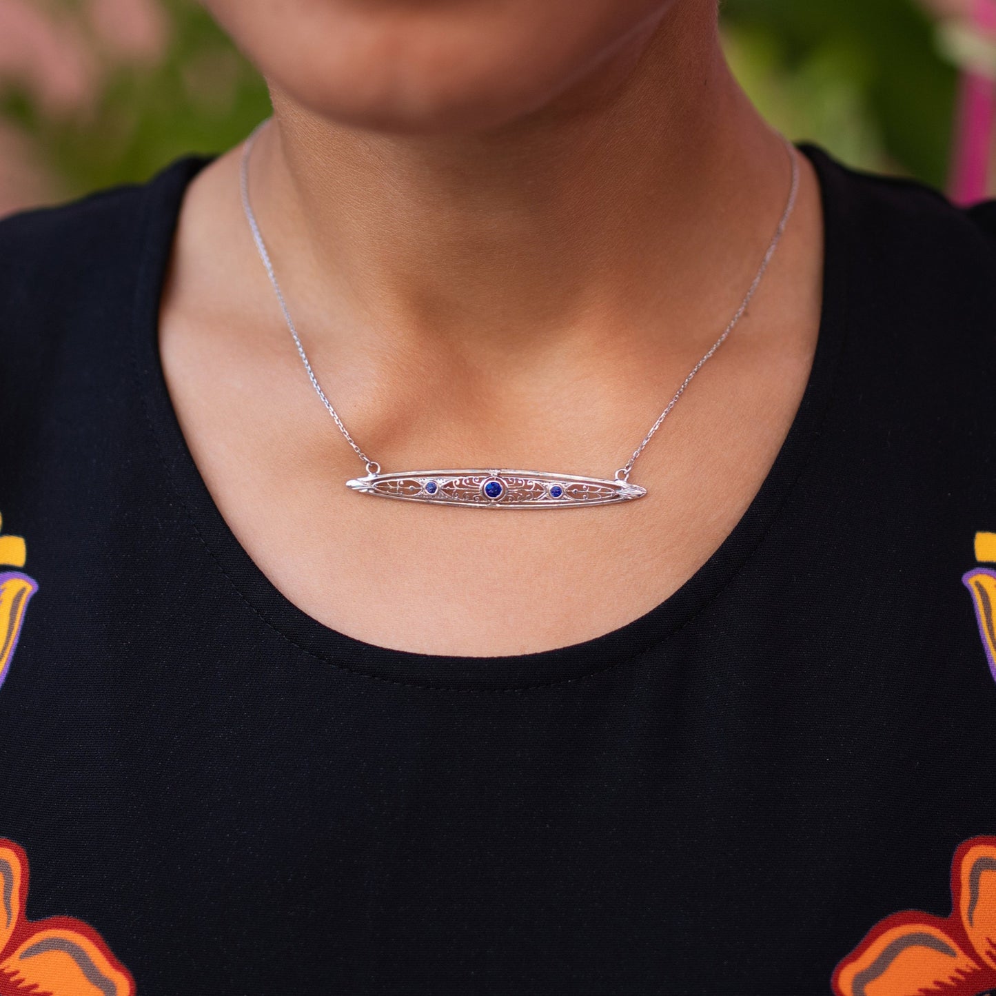 Art Deco Sapphire Filigree Necklace in 14K White Gold