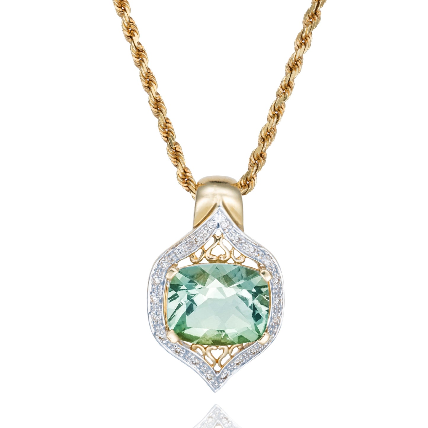 Green Amethyst Diamond Accented Mughal Pendant in 14K Yellow Gold