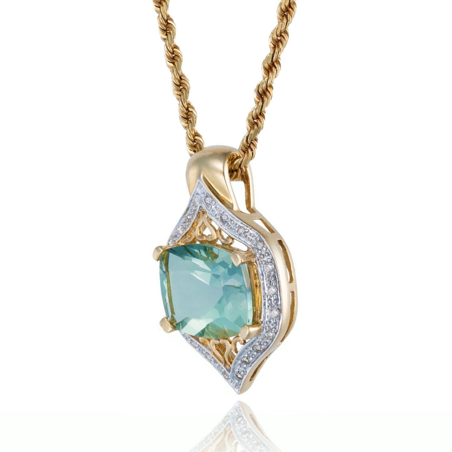 Green Amethyst Diamond Accented Mughal Pendant in 14K Yellow Gold