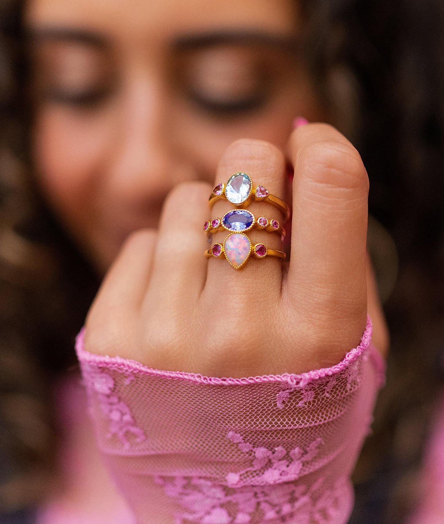 Aquamarine & Pink Tourmaline Milgrain Bezel Ring in 14K Yellow Gold