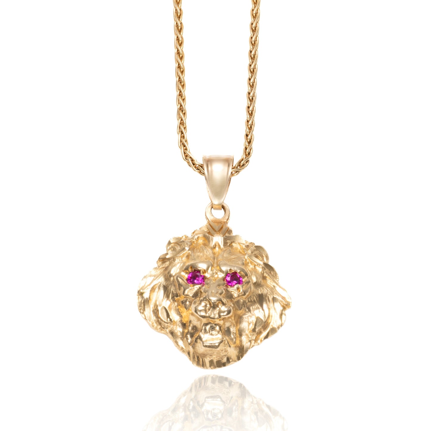 Ruby Eyed Lion's Head Pendant in 14K Yellow Gold