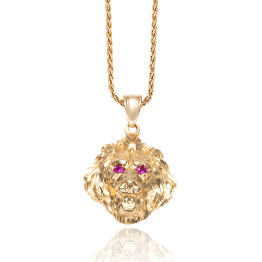 Ruby Eyed Lion's Head Pendant in 14K Yellow Gold