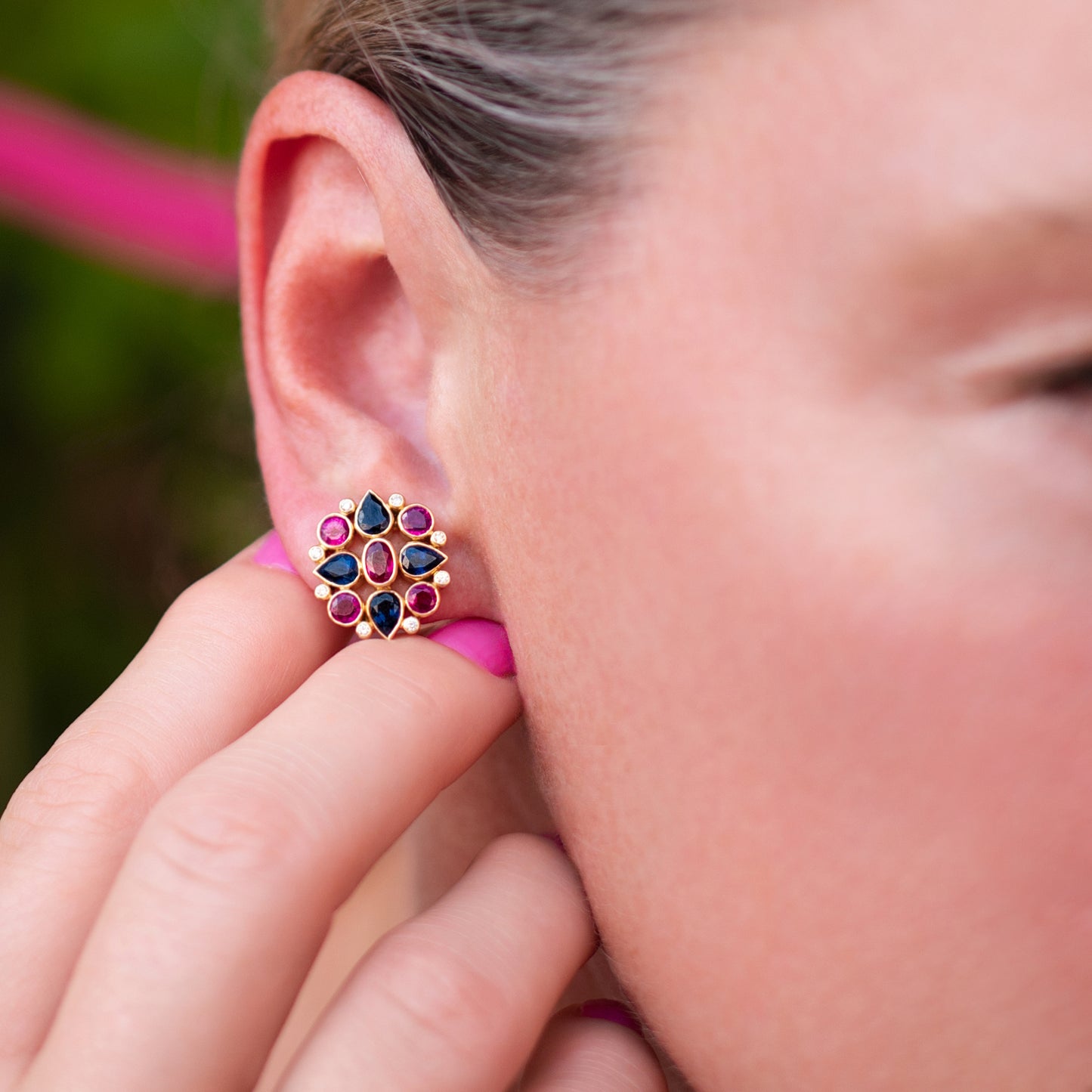 Ruby, Sapphire & Diamond Mandala Earrings in 18K Yellow Gold