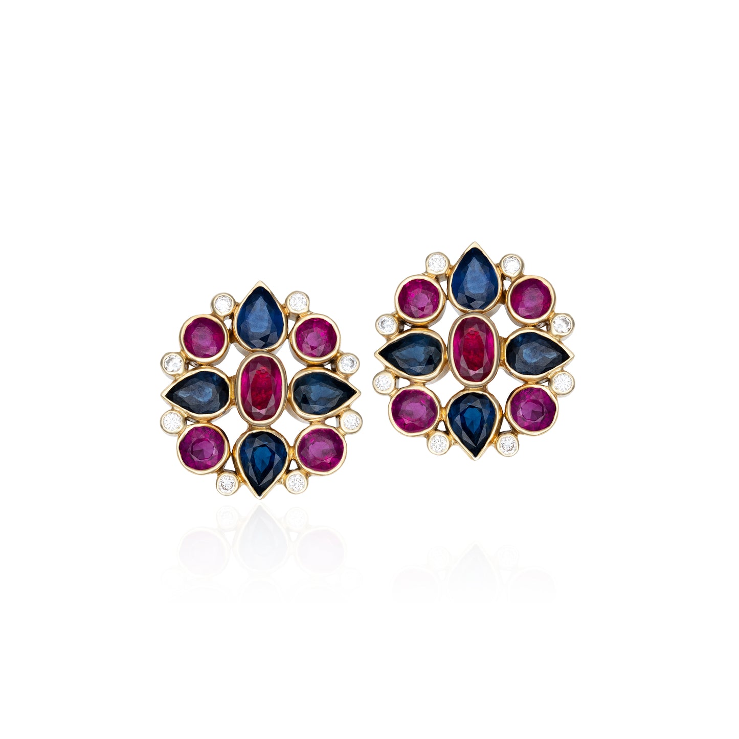 Ruby, Sapphire & Diamond Mandala Earrings in 18K Yellow Gold