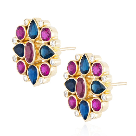 Ruby, Sapphire & Diamond Mandala Earrings in 18K Yellow Gold