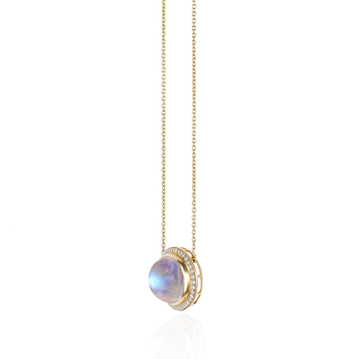 Moonstone & Diamond Bezel Set Necklace in 18K Yellow Gold