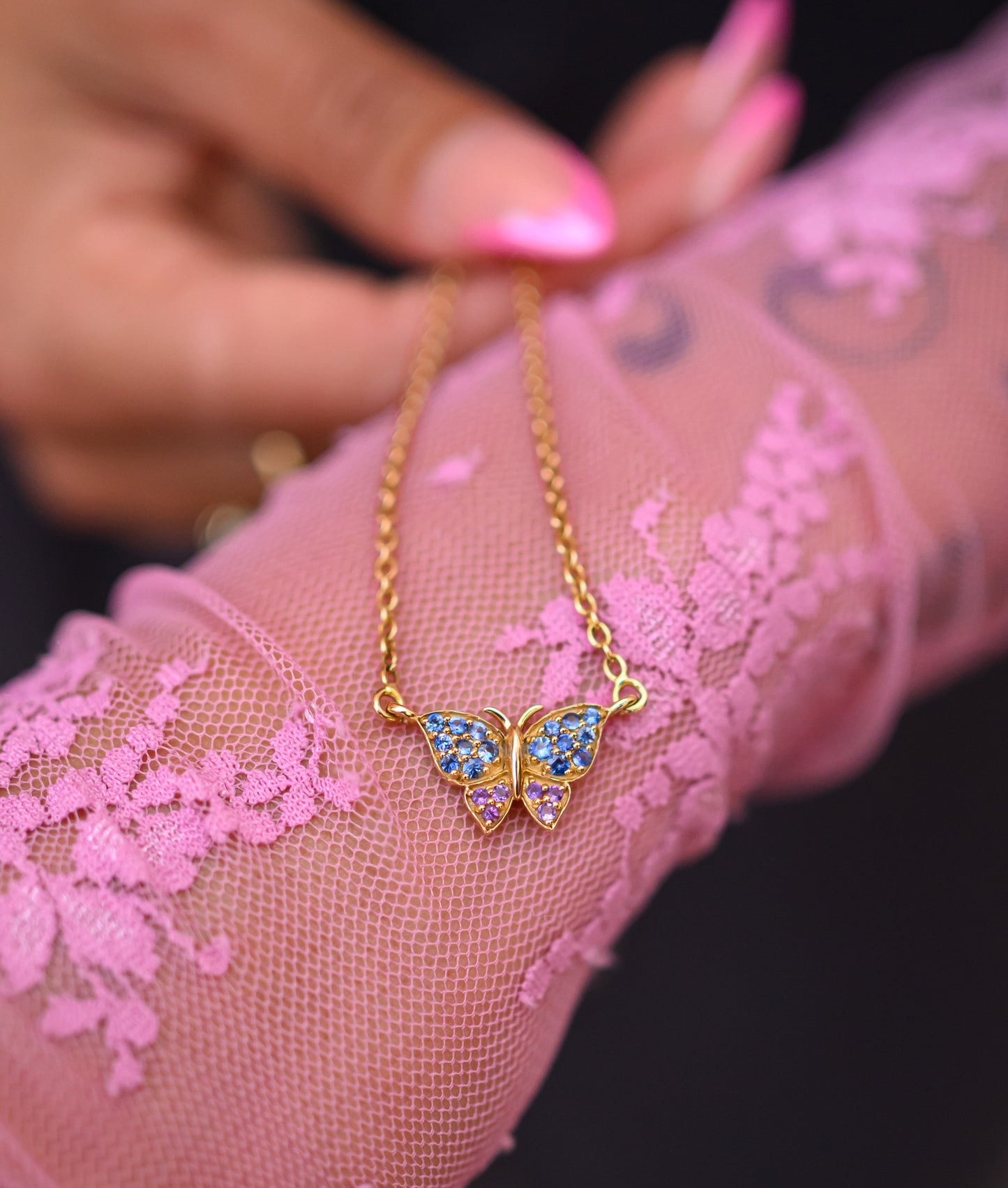 Butterfly Necklace with Blue Sapphire & Amethyst in 14K Yellow Gold