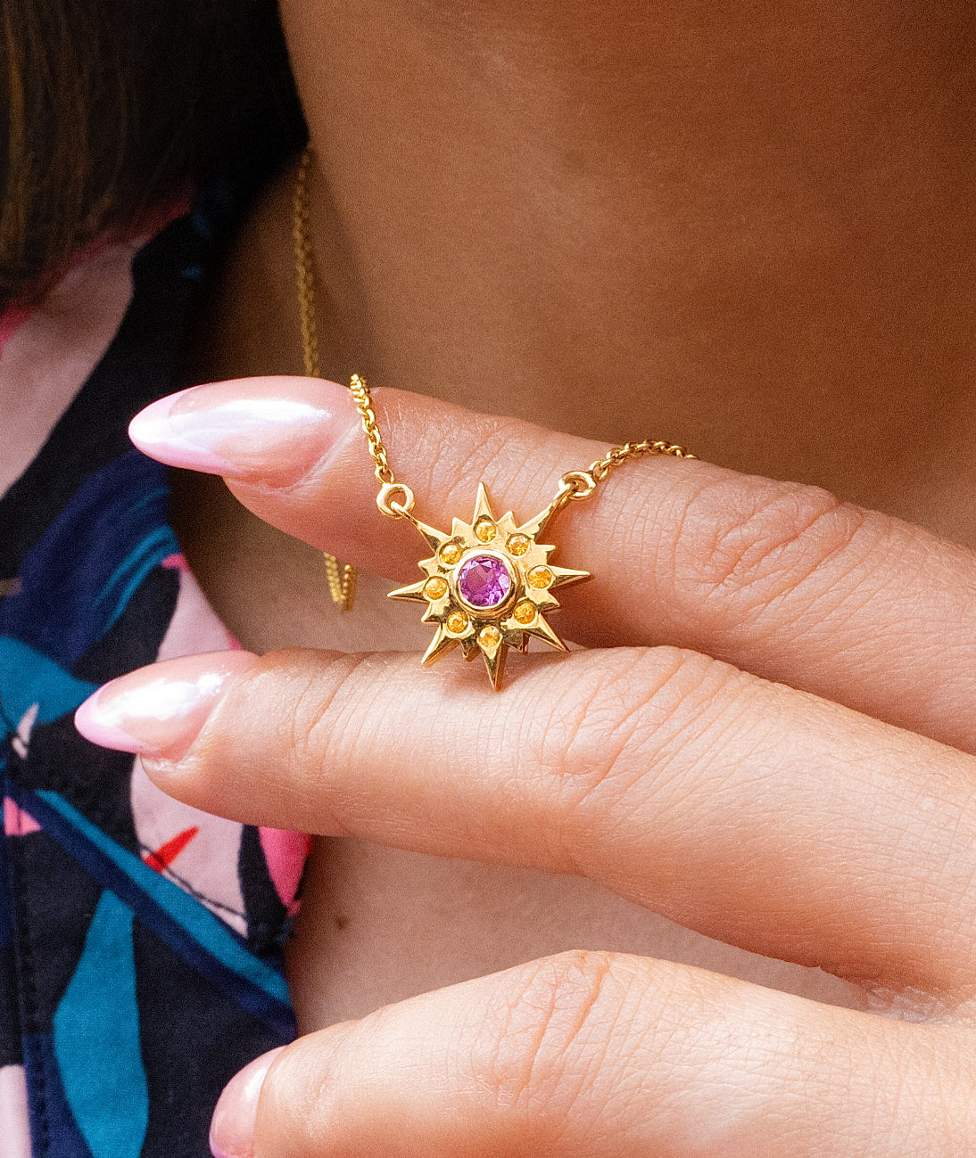 Pink & Yellow Sapphire Sun Necklace in 14K Yellow Gold