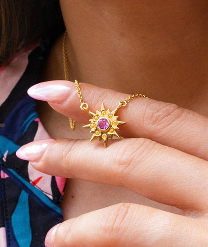 Pink & Yellow Sapphire Sun Necklace in 14K Yellow Gold
