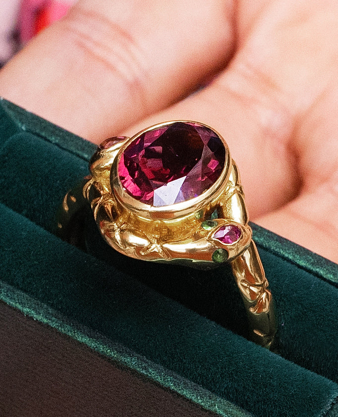 Ouroboros Pink Tourmaline & Tsavorite Garnet Serpent Ring in 14K Yellow Gold