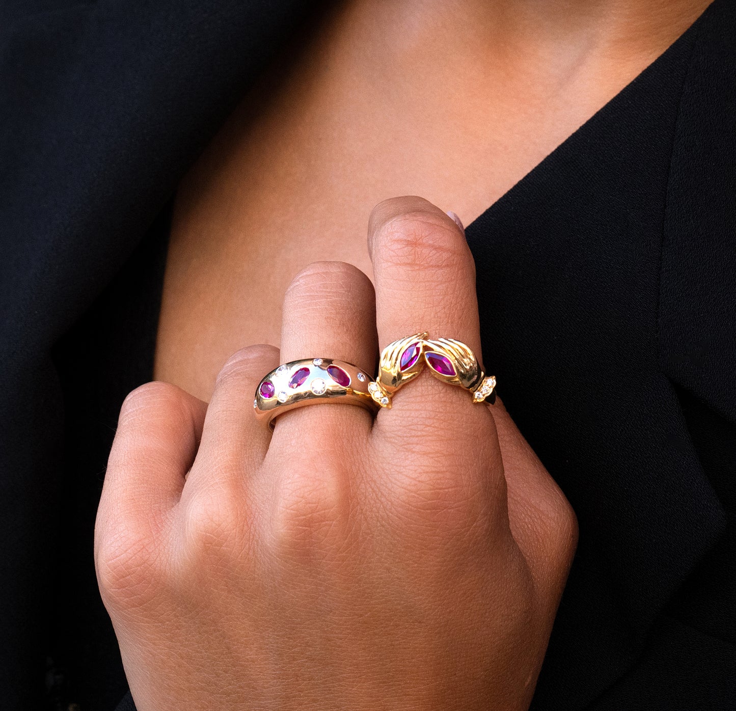 Ruby & Diamond Scattered Domed Ring in 14K Yellow Gold