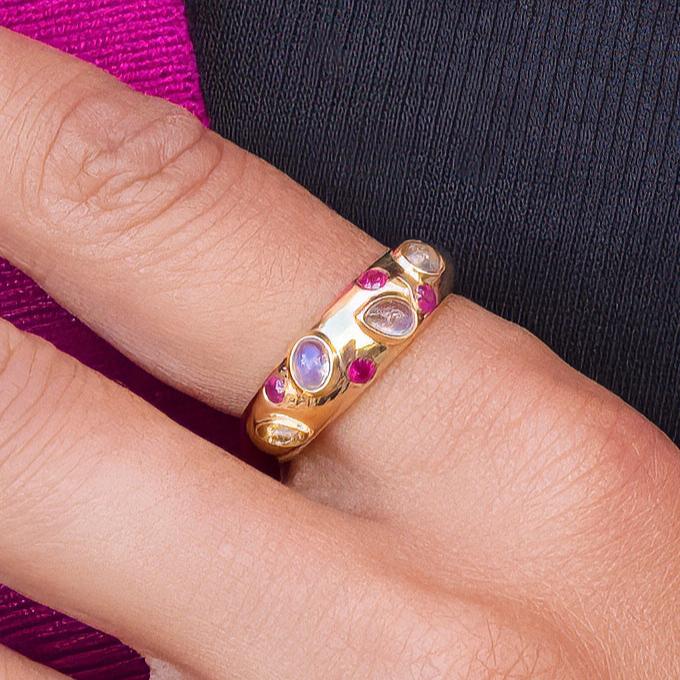 Moonstone & Ruby Scattered Domed Ring in 14K Yellow Gold