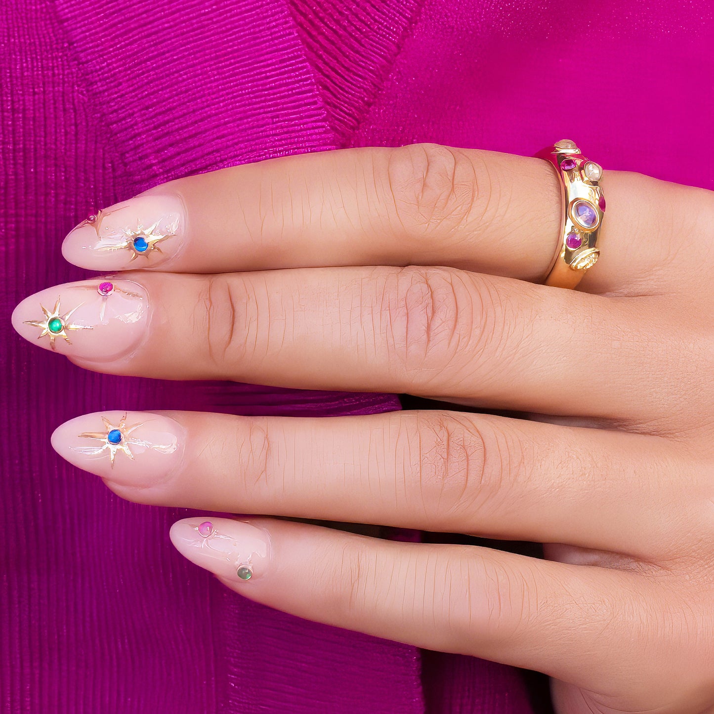 Moonstone & Ruby Scattered Domed Ring in 14K Yellow Gold