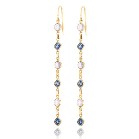 Luna Moonstone & Sapphire Drop Earrings in 18K Yellow Gold