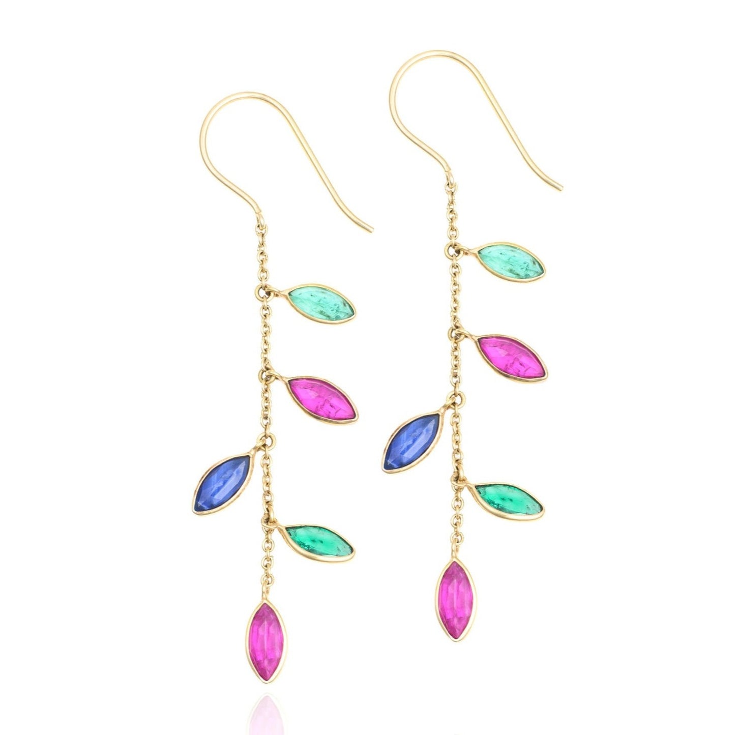 Emerald, Ruby & Sapphire Marquise Drop Earrings in 18K Yellow Gold