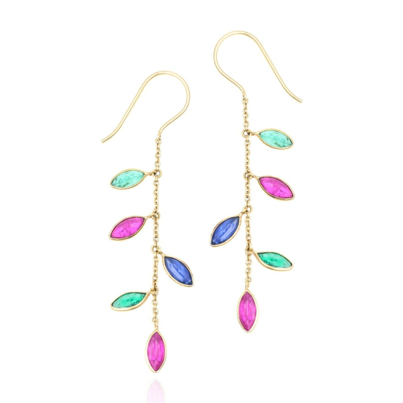 Emerald, Ruby & Sapphire Marquise Drop Earrings in 18K Yellow Gold